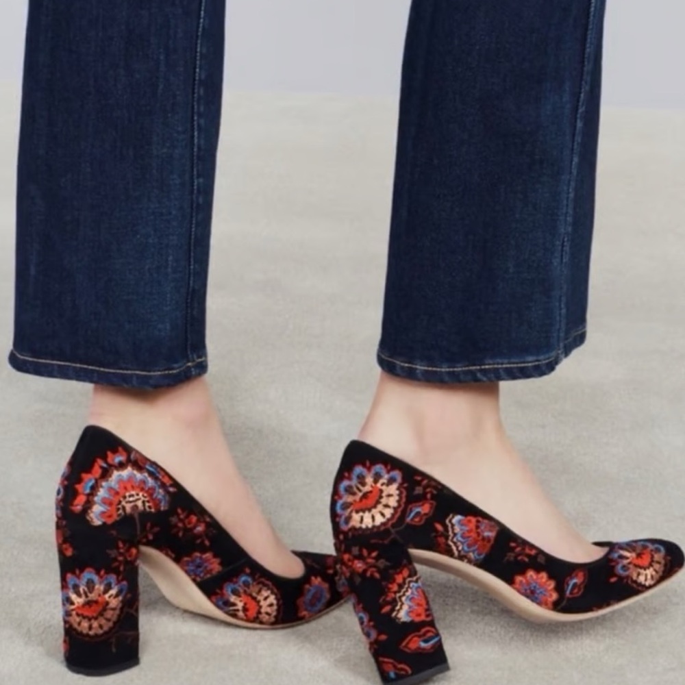 Authentic Loeffler Randall Sydnee Black Embroidered Block Heel